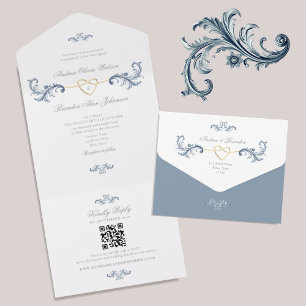 Vintage Dusty Blue Gold QR Code Wedding All In One Invitation