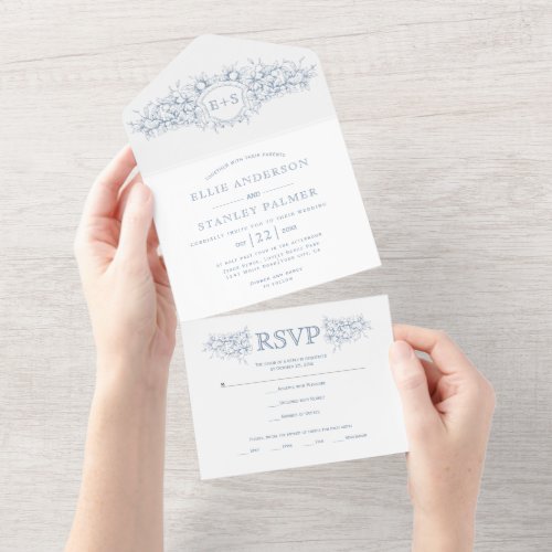 Vintage dusty blue heraldic crest wedding all in one invitation