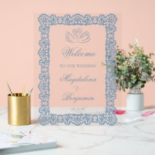 Vintage Dusty Blue Lace Elegant Swan Wedding Acrylic Sign