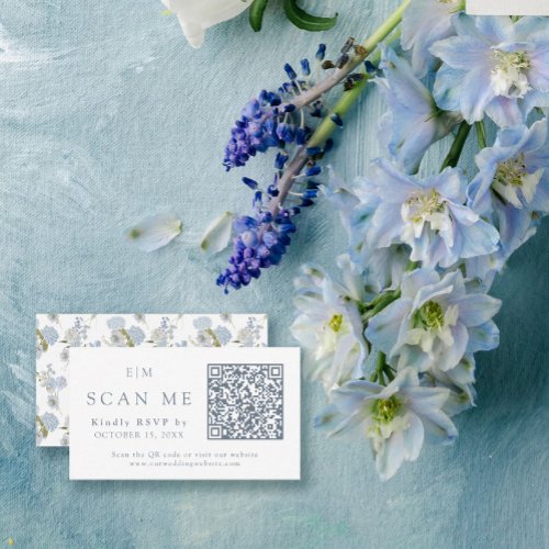 Vintage Dusty Blue Monogram QR Code Wedding RSVP Enclosure Card