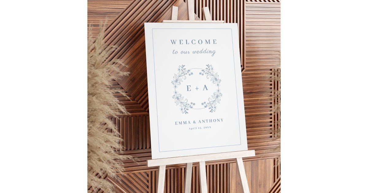 Vintage Dusty Blue Monogram Wedding Welcome Sign | Zazzle