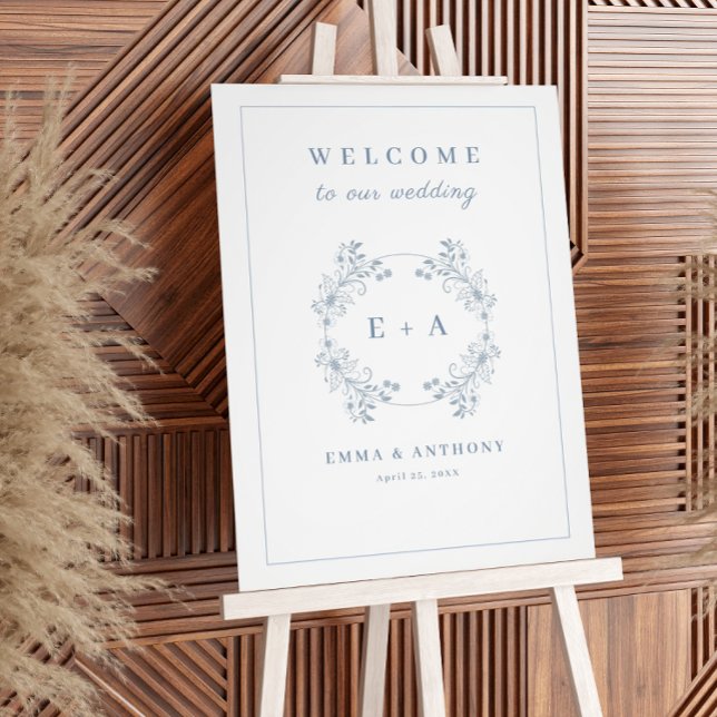 Vintage Dusty Blue Monogram Wedding Welcome Sign (Creator Uploaded)