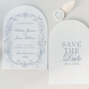 Vintage Dusty Blue Old Money Arched Fancy Wedding Save The Date