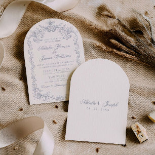 Vintage Dusty Blue Old Money Arched Retro Wedding Invitation