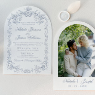 Vintage Dusty Blue Old Money Classy Arched Wedding Invitation