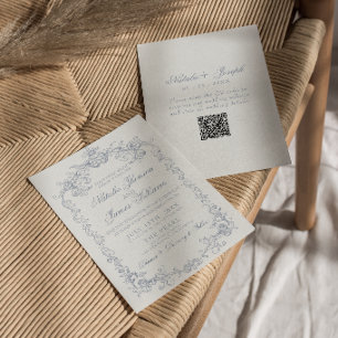 Vintage Dusty Blue Old Money QR Code Wedding Invitation