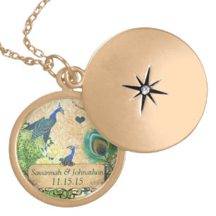 Vintage Dusty Blue Peacock Damask Anniversary  Locket Necklace