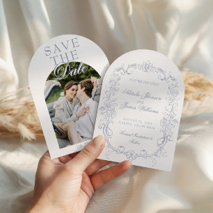 Vintage Dusty Blue Photo Old Money Arched Wedding Save The Date