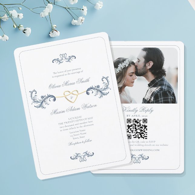 Vintage Dusty Blue Photo Wedding Invite with QR (Creator Uploaded)