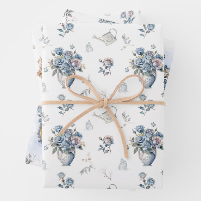 Vintage Dusty Blue Rose Pattern Wrapping Paper Sheets (In situ)