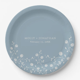 Vintage Dusty Blue Rose Vine Wedding Paper Plates