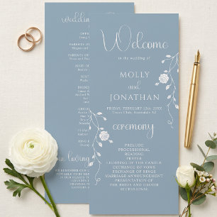 Vintage Dusty Blue Rose Vine Wedding Program