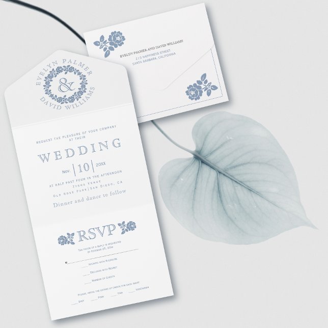 Vintage dusty blue rose wreath on white wedding al all in one invitation (Creator Uploaded)