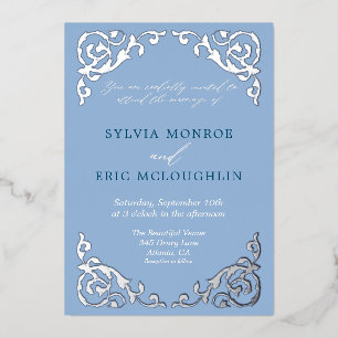 Vintage Dusty Blue Victorian Formal Wedding Foil Invitation