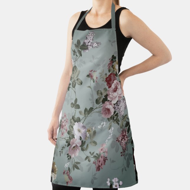 Vintage Dusty Olive Floral Design  Apron (Insitu)
