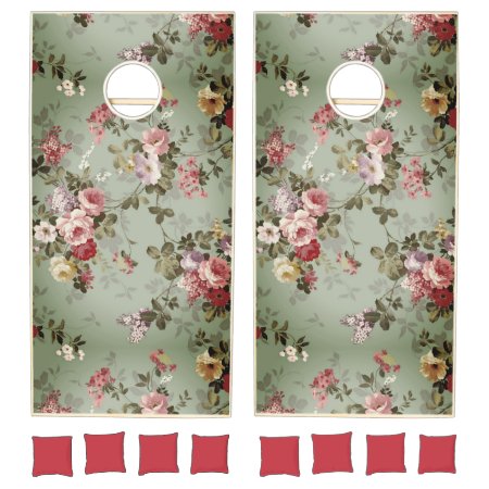 Vintage Dusty Olive Green Floral Design Cornhole Set