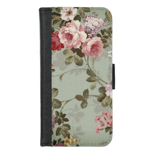 Vintage Dusty Olive Green Floral Design iPhone 87 Wallet Case