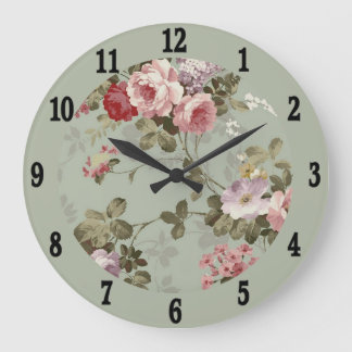 Vintage Dusty Olive Green Floral Design Large Clock