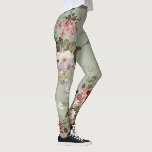 Vintage Dusty Olive Green Floral Design Leggings