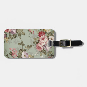 Vintage Dusty Olive Green Floral Design Luggage Tag