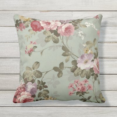 Vintage Dusty Olive Green Floral Design Outdoor Pillow