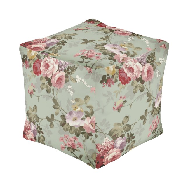 Vintage Dusty Olive Green Floral Design Pouf (Angled Front)