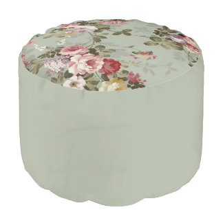 Vintage Dusty Olive Green Floral Design Pouf
