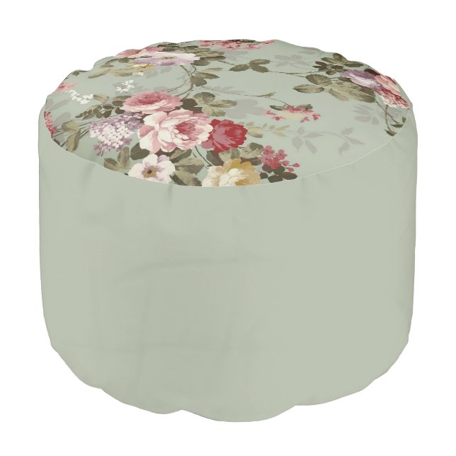 Vintage Dusty Olive Green Floral Design Pouf (Angled Front)