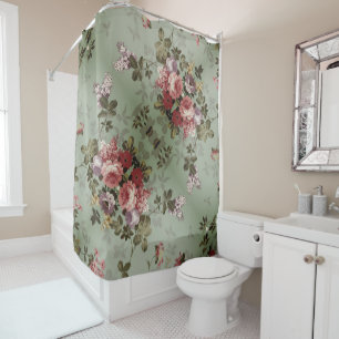 Vintage Dusty Olive Green Floral Design Shower Curtain