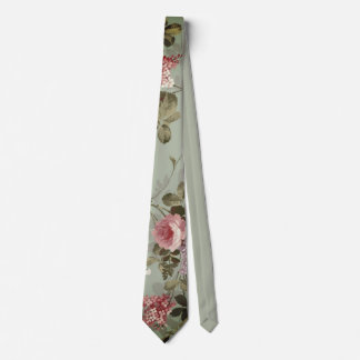 Vintage Dusty Olive Green Floral Design Silky Neck Tie