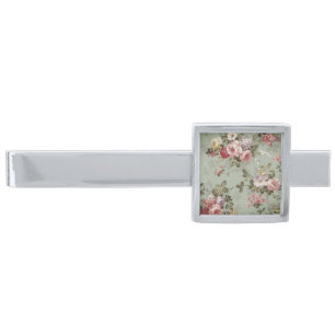 Vintage Dusty Olive Green Floral Design Silver Finish Tie Bar