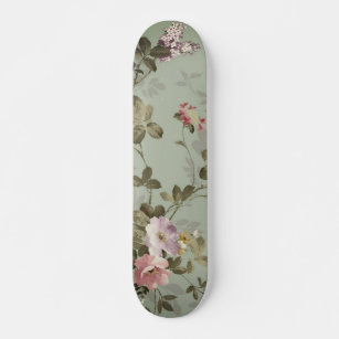 Vintage Dusty Olive Green Floral Design Skateboard
