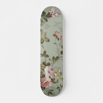 Vintage Dusty Olive Green Floral Design Skateboard by kahmier at Zazzle