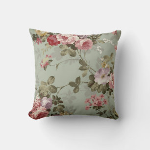 Vintage Dusty Olive Green Floral Design Throw Pillow