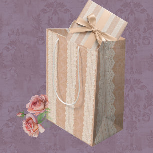 Vintage Dusty Peach Damask Antique Lace Stripe Wrapping Paper