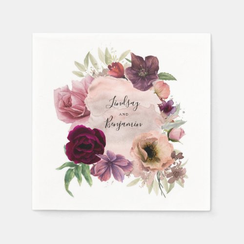 Vintage Dusty Pink and Burgundy Floral Watercolor Napkins