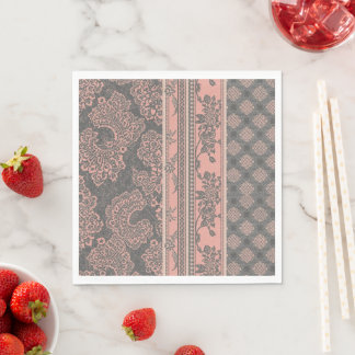 Vintage Dusty Pink and Charcoal Gray Lace Damask Napkins