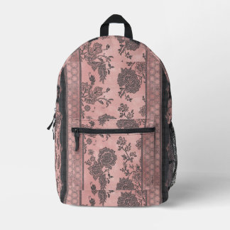 Vintage Dusty Pink & Black Lace Rose Floral AI art Printed Backpack