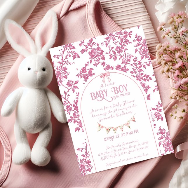 Vintage Dusty Pink Bow Floral Toile Baby Shower Invitation (Creator Uploaded)