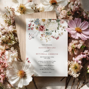 Vintage Dusty Rose and Ivory Wildflower Wedding  Invitation
