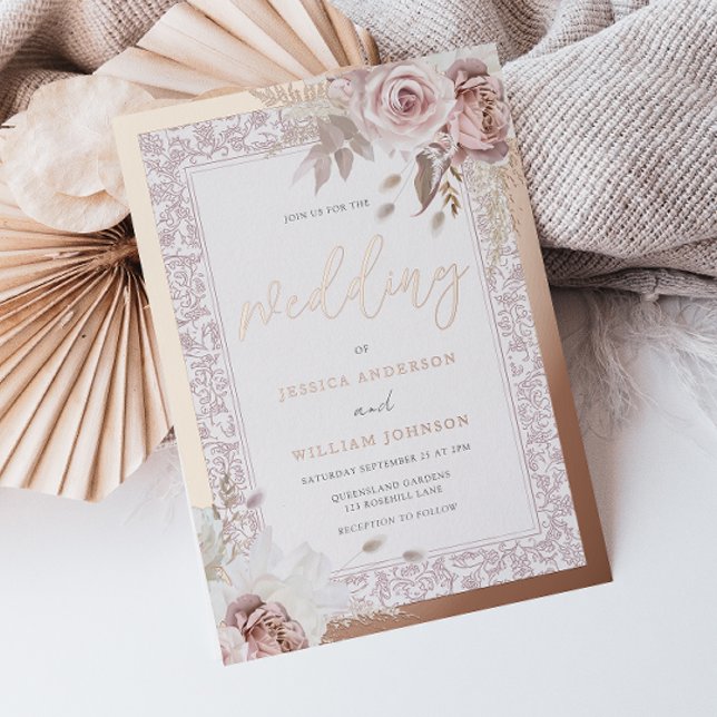 Vintage Dusty Rose Blush Floral Wedding Rose Gold Foil Invitation (Creator Uploaded)