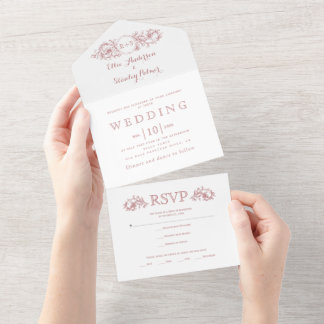 Vintage dusty rose floral frame white wedding   all in one invitation