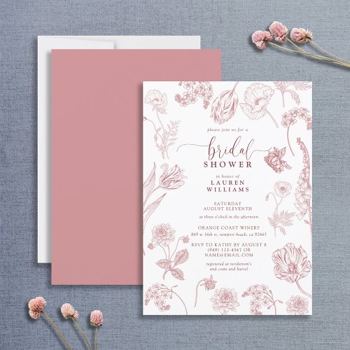 Vintage Dusty Rose Floral Script Bridal Shower Invitation