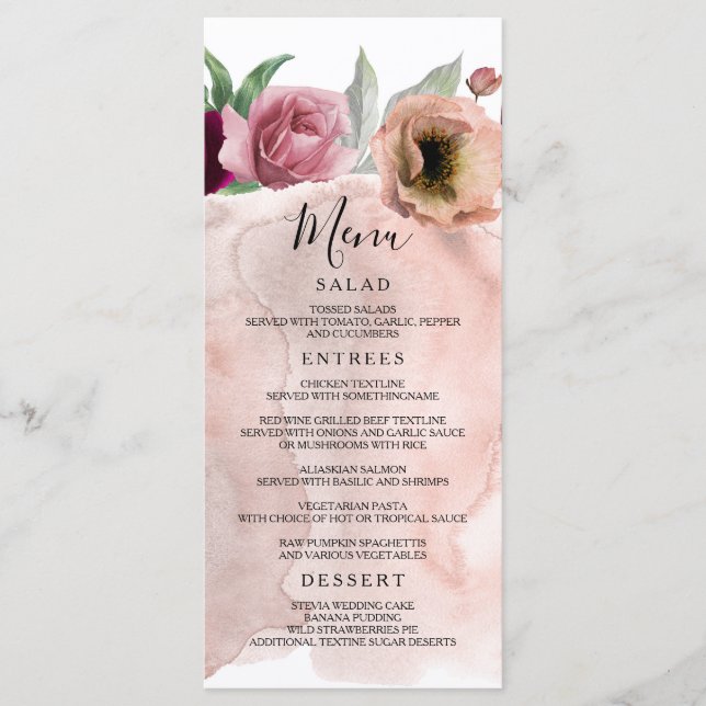 Vintage Dusty Rose Floral Wedding Menus (Front)