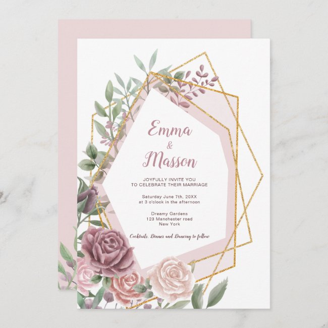 Vintage Dusty Rose Floral with Gold Frame Invitation
