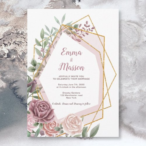 Vintage Dusty Rose Floral with Gold Frame Invitation