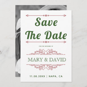 Vintage dusty rose, green typography Save the Date