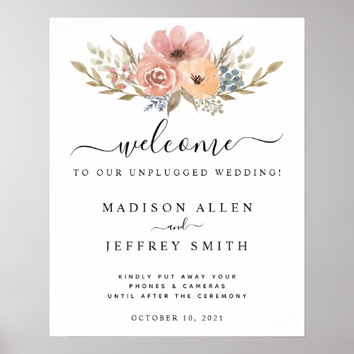 Vintage Dusty Rose Peach Floral Unplugged Wedding Poster