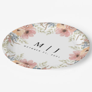 Vintage Dusty Rose Peach Floral Wedding Paper Plates