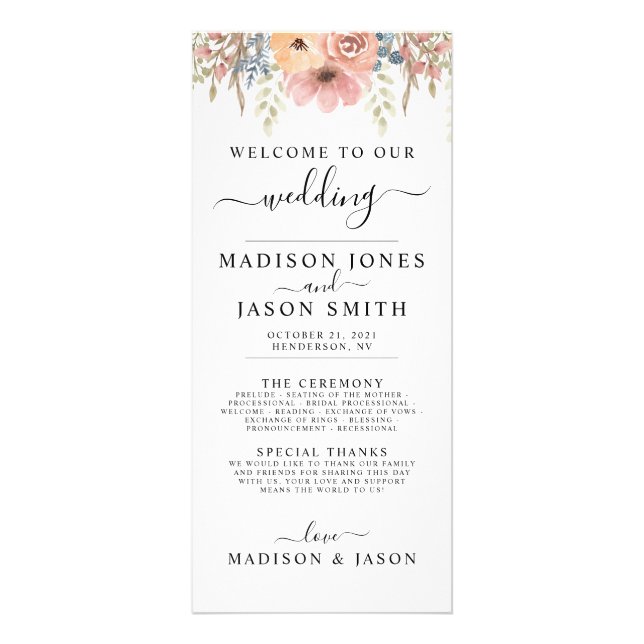 Vintage Dusty Rose Peach Floral Wedding Program (Front)